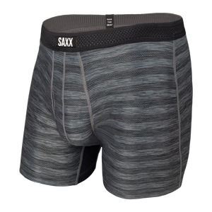Bokserki męskie chłodzące / sportowe z rozporkiem SAXX HOT SHOT Boxer Brief Fly w paski – czarne